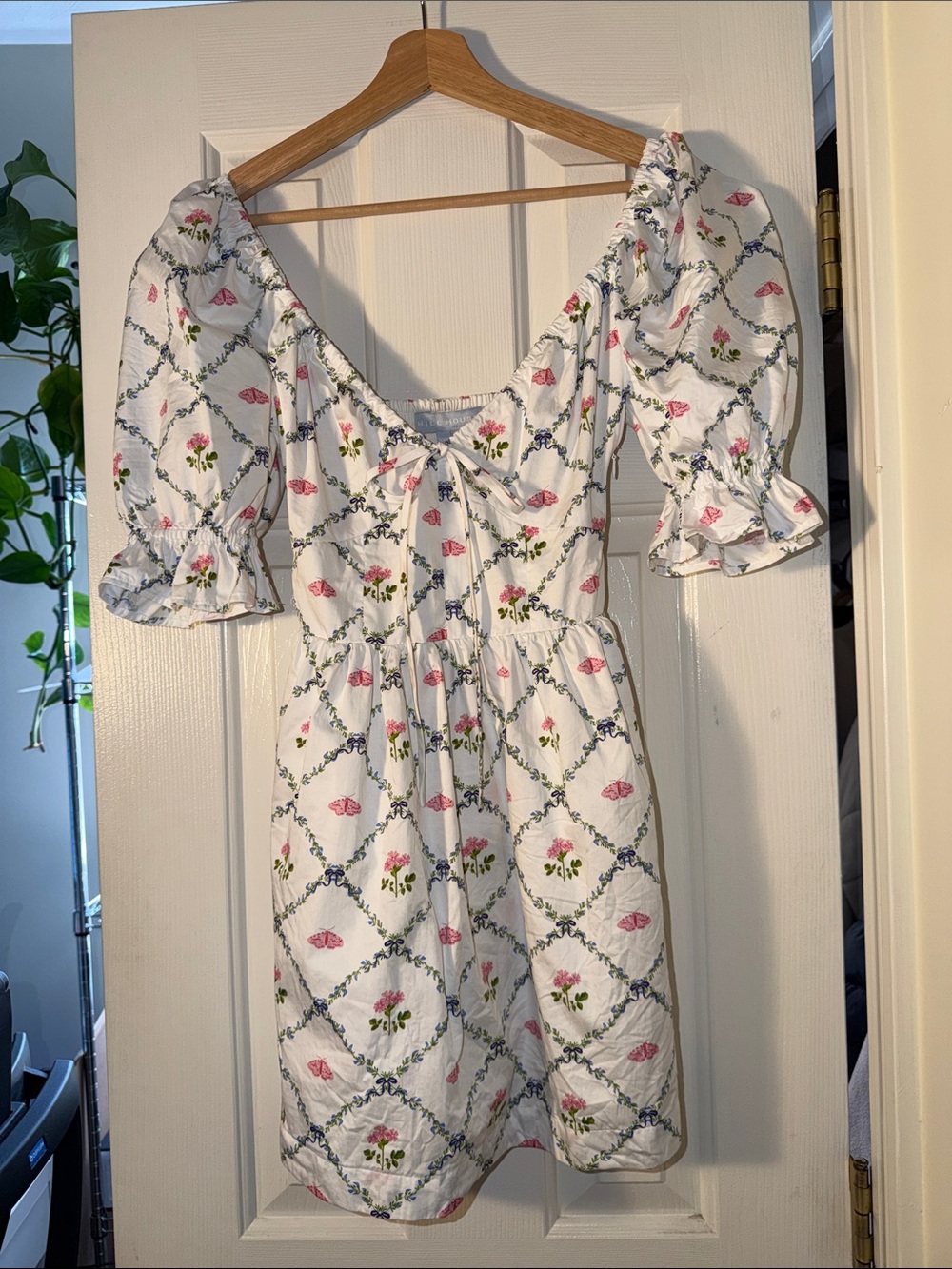 Hill House White Mini Dress with Pink & Blue Floral Lattice
